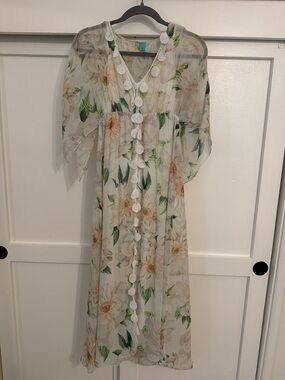 FARM Rio White Floral Sheer Dress with Green Leaves
